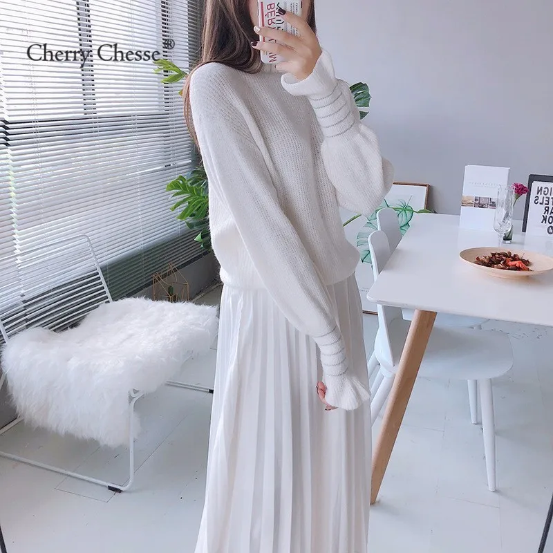 Cherry Chesse Harajuku Для женщин свитер с рукавом-бабочкой круглым вырезом пуловеры осень