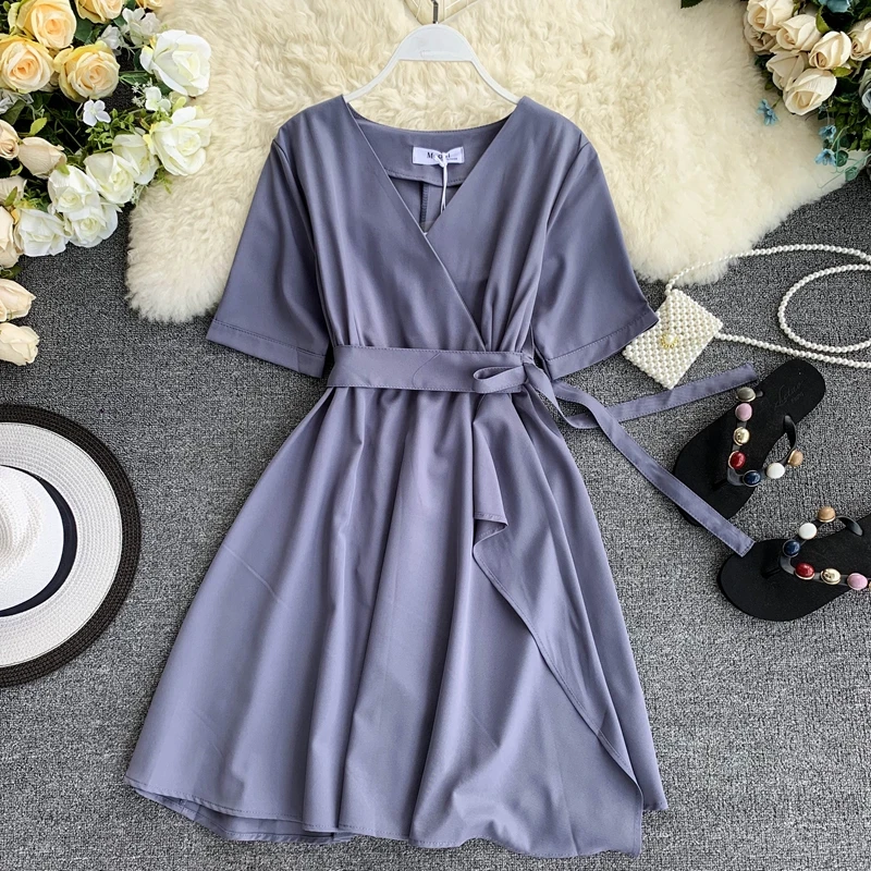 2019 новые модные женские платья Французский Сплошной цвет простой v-образный