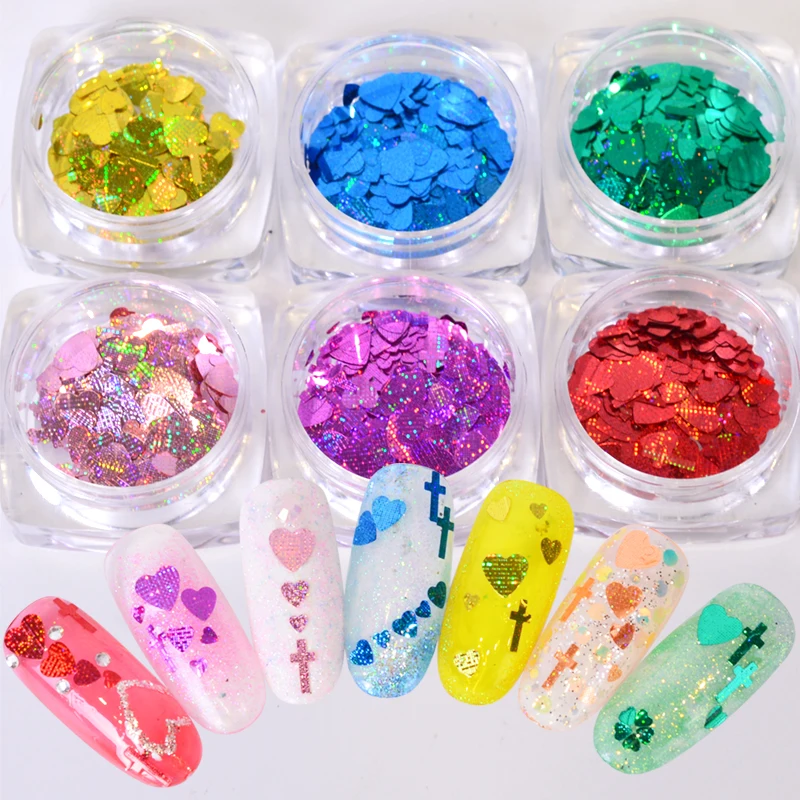 1 коробка лазерное сердце крестик хлопья гвоздь Арт блестки голографические 3D