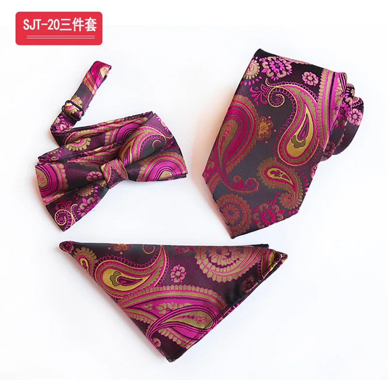 SJT-20 Charm Dark Blue Background Purple Paisley Ties&Bow Tie&Hanky Set Luxury Purple Jacquard Wedding Gift - Цвет: SJT-20