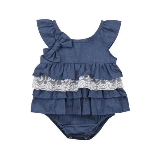 Newborn Kids Baby Girls clothes blue bow bodysuit Party Lace Tutu ruffles jumpsuit Clothes Outfit 0-3Y | Мать и ребенок