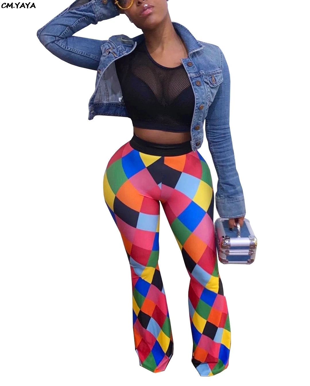 2019 women colorful plaid high waist sexy boot cut long pants beach wide leg leggings active wear trousers S-3XL A5046 | Женская одежда