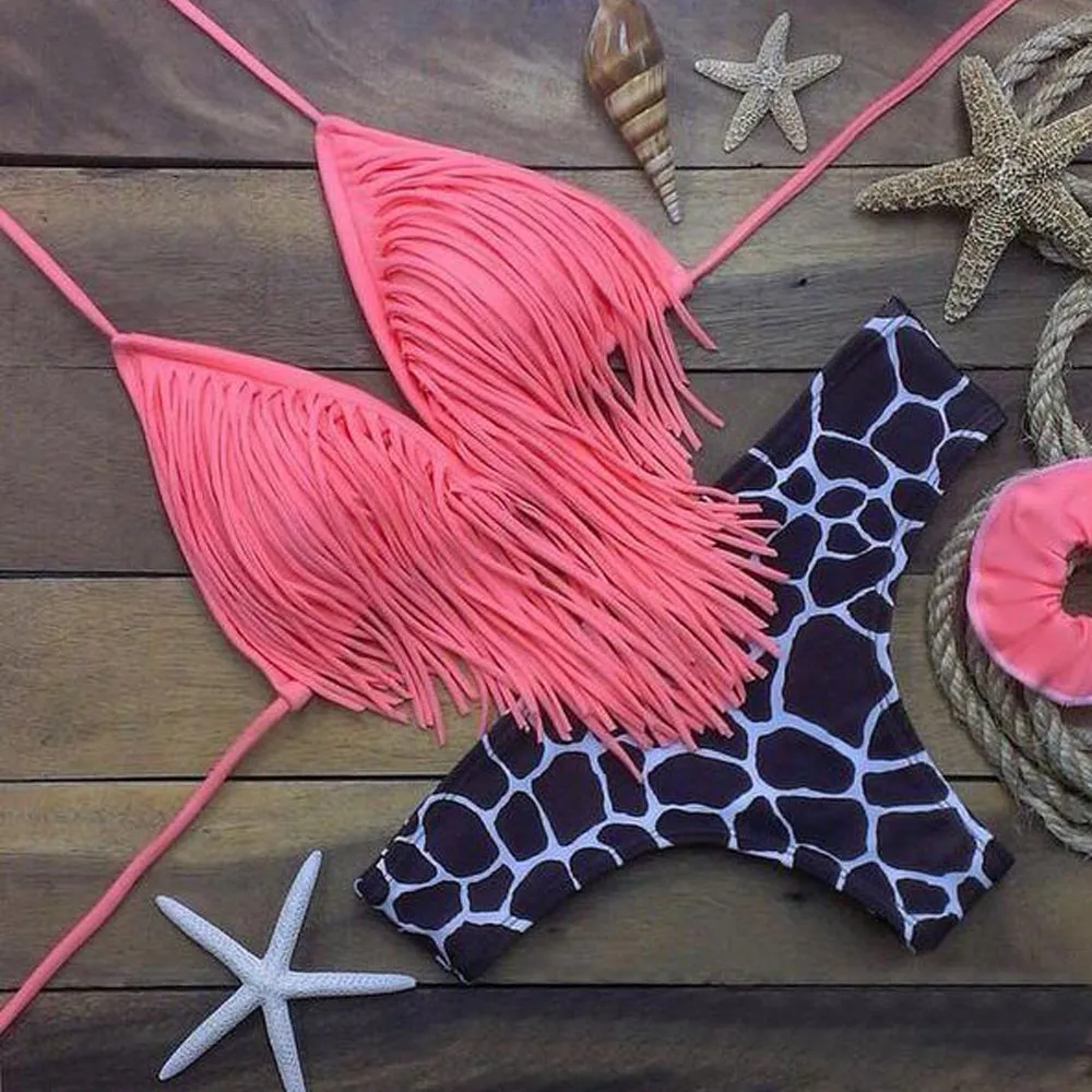 Сексуальный купальник женский бикини с кисточками бандаж пуш-ап Мягкий