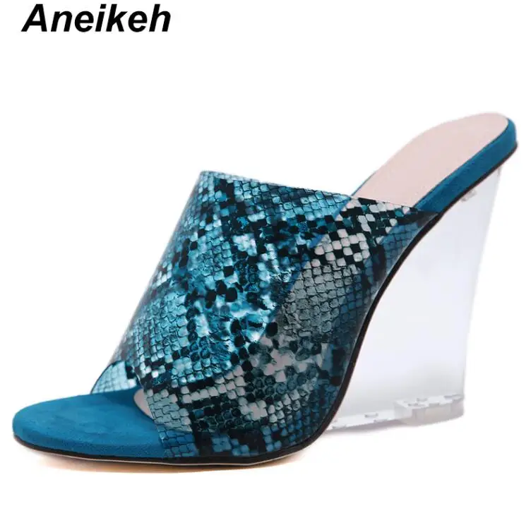 blue Aneikeh Summer Women's Sexy Slippers Transparent Snake Wedge Slippers Toe Super High Trapezoidal High Heel Shoes Size 35-40 - Color: blue