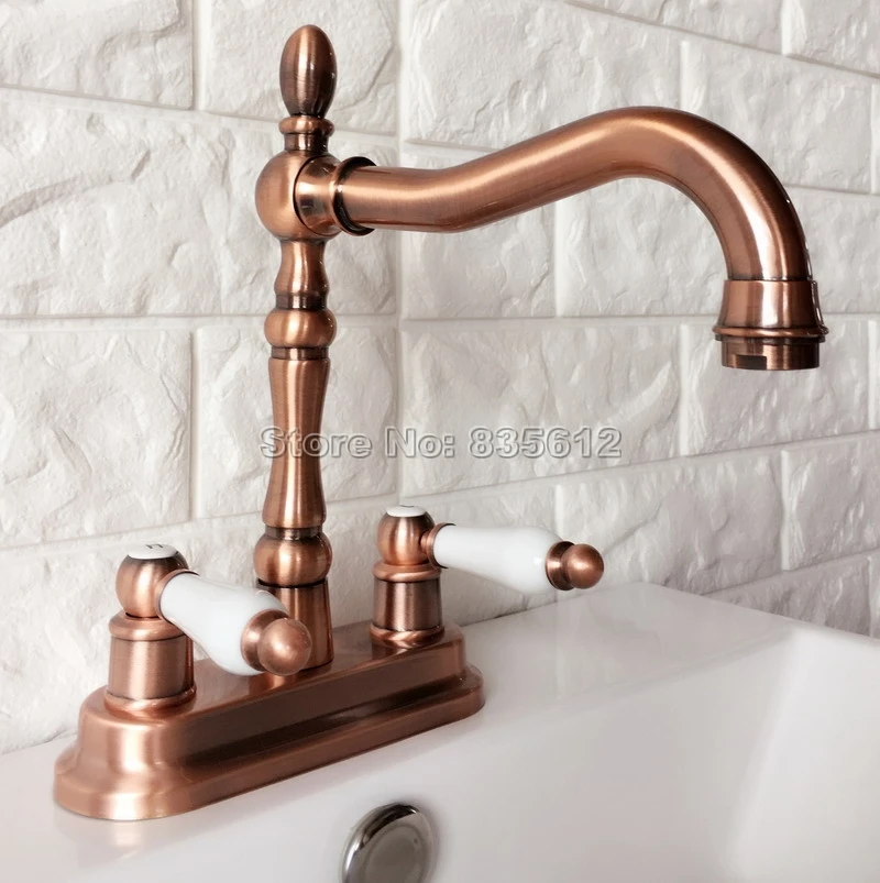 

Red Copper Deck Mounted Bathroom Faucet Basin Faucets Two Holes Tap Double Handle Hot and Cold Water Mixer Taps Wrg049