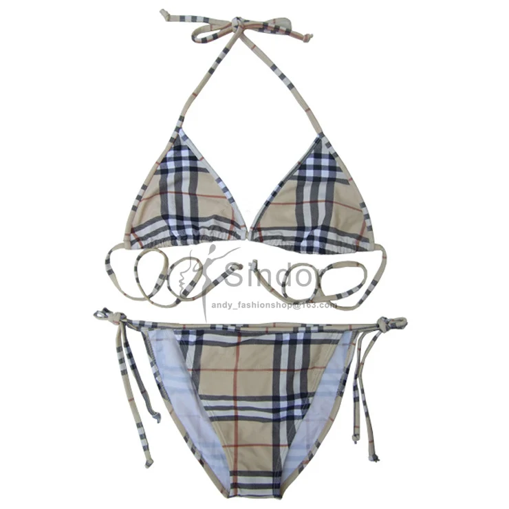 Fashion Brand Swimwear Triangle Bandage Swimsuit Sexy Plaid Bikini Top Push Up Classic High Waist Bathing suits Bottom Thin New |