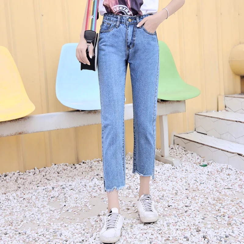 2019 Весна Лето корейский стиль Модные женские прямые джинсы с высокой талией