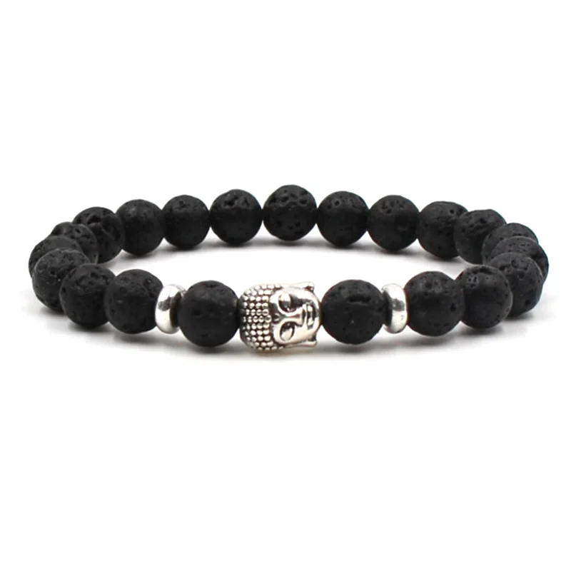 

HOBBORN Classic Natural Stone Women Men Bracelet 8mm Tiger Eye Lava Stone Buddha Head Beads Charm Bracelets Meditation Jewelry