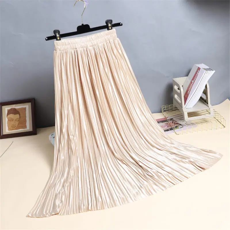 Винтажные атласные модные длинные плиссированные юбки Женская юбка миди с