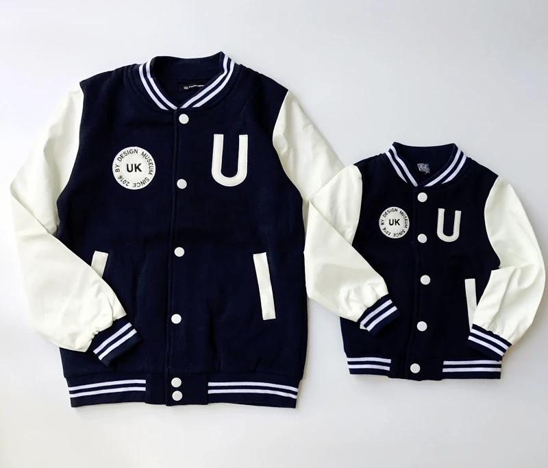 New Spring Family Baseball PU Jacket Coat Matching Outfits Letter Printed Cotton Dad Mom Kids Boys Clothes Striped Overcoat