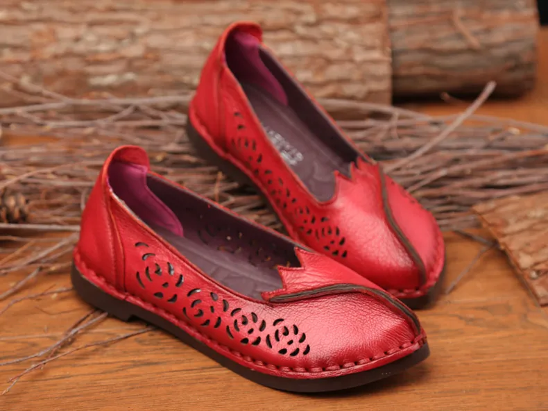 

RUSHIMAN new Leather Shoes Fashion Wome'n Summer Loafers Handmade Soft Comfortable Flat shallow hollow Casual RED Shoes 35-40