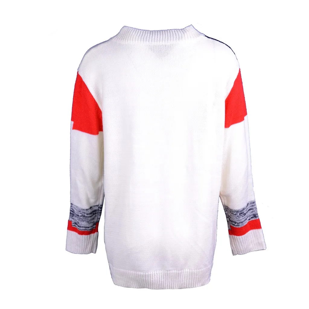 

New Women Sweater Fashion Long Sleeve Knot O-Neck Sweater Geometric Knitwear Patchwork Top Blouse Stitching Street Style Sweater