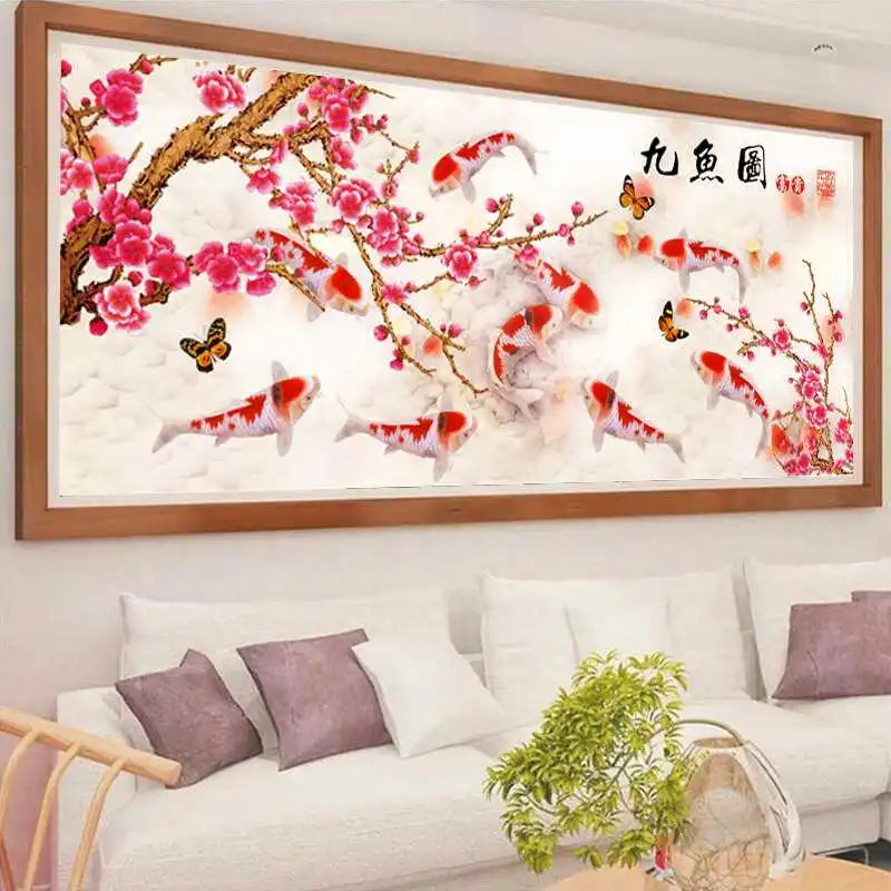QIANZEHUI сделай сам 5D девять рыбы plum Набор для рисования с круглыми камнями и