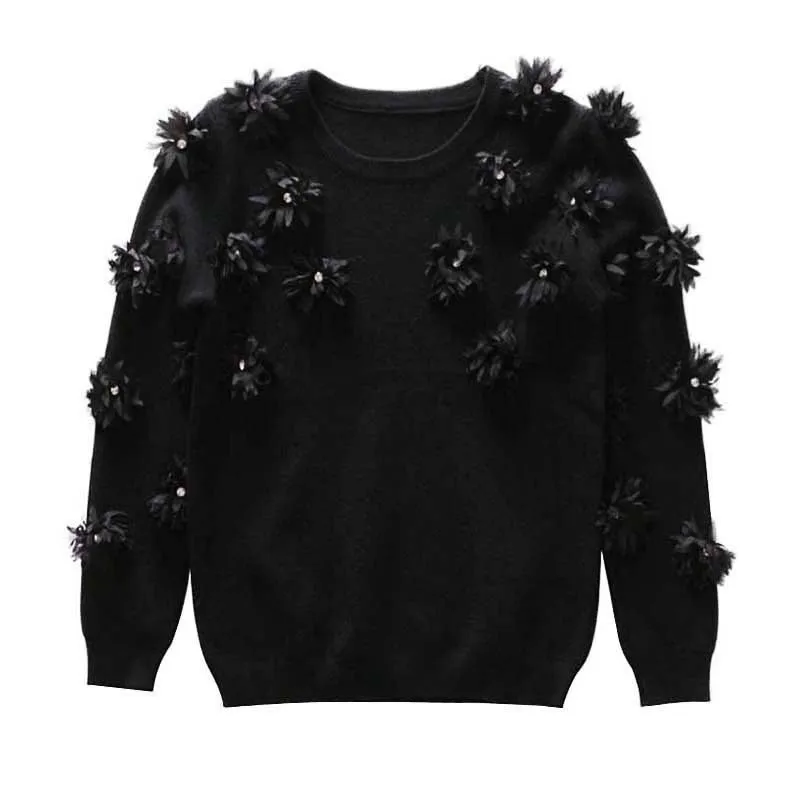 Cakucool New Black Sweater 3D Floral Embroidery Jumpers O Neck Spring Long Sleeve Knit Pullover Cute Elegant Pull Femme korean | Женская