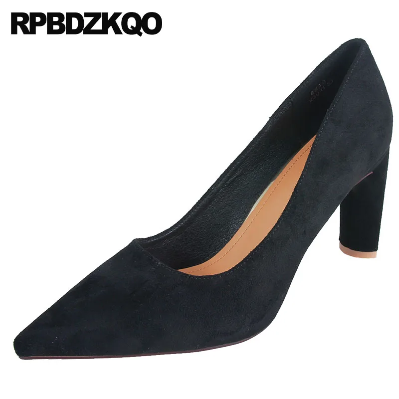 

Suede Ladies Formal Shoes Black Office 2021 Size 4 34 Pink Pumps Thick Autumn High Heels Brown Pointed Toe Chunky 3 Inch Women