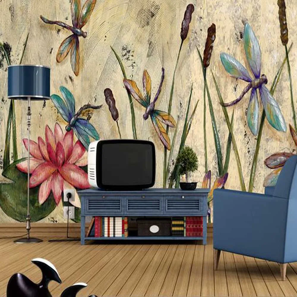 Персонализированные Стрекоза роспись лотоса стены Бумага s Eurpoean Винтаж большой