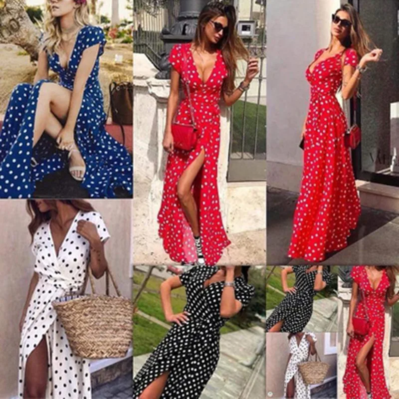 

New 2020 Vintage Women Wave Point Long Dress Summer V-neck Short Sleeve Sexy Evening Party Dress Vestidos Mujer DR725