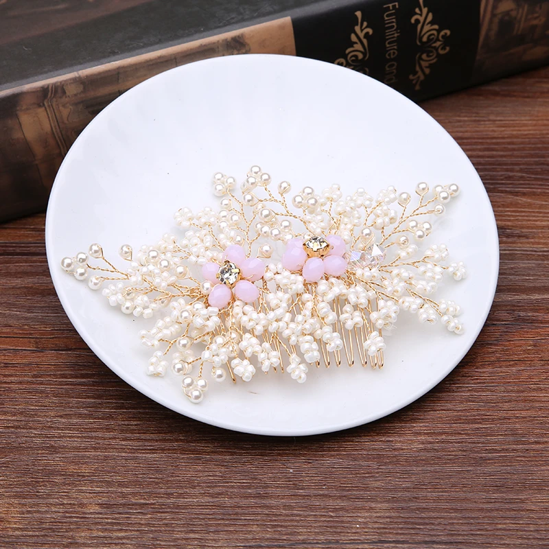 Жемчужная расческа для волос ручной работы с розовыми бусинами и цветами