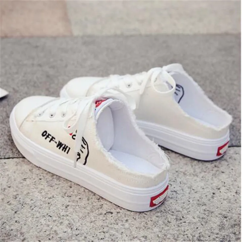 Женские парусиновые туфли Белые Повседневные без каблука обувь застежки