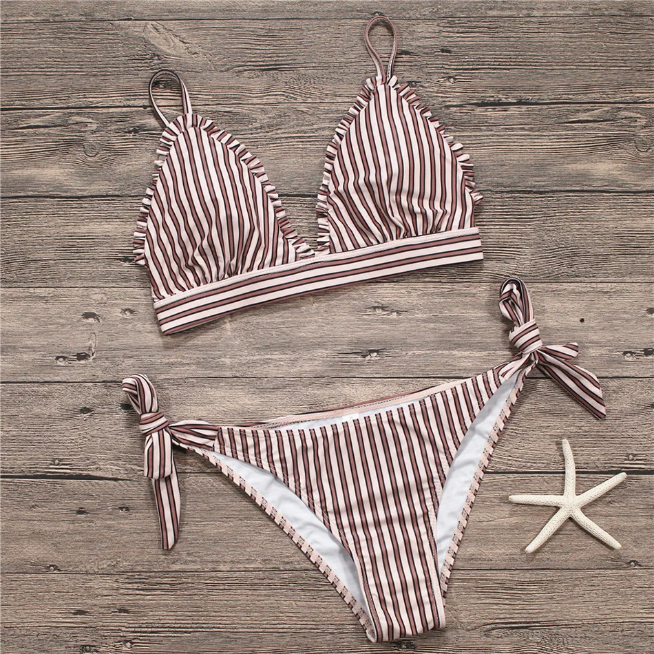 2018 Sexy Bikini Swimwear Women Swimsuit Bandage Bathing Suit Brazilian Set Striped Bottom Solid Female Beachwear Biquini |