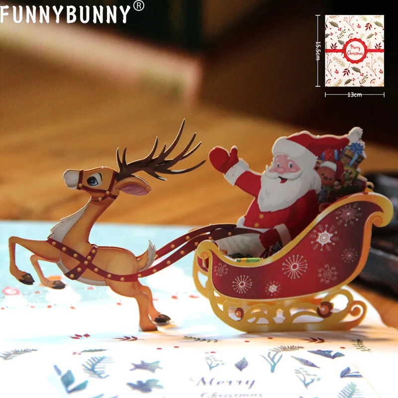 FUNNYBUNNY 3D Pop Up Санта Клаус Олень сани Новогодняя поздравительная открытка