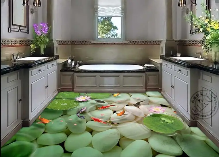 Бесплатная доставка 3D Наклейка на стену заказ каменный Лотос карп настил