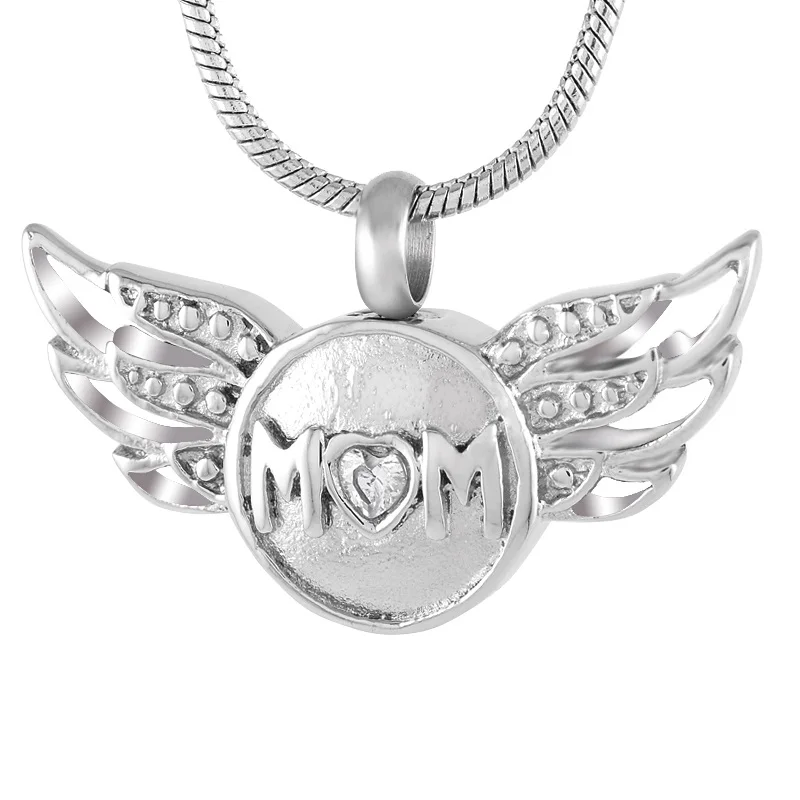 

IJD9217 Angel MOM Wings Round Stainless Steel Cremation Necklace for Ashes Urn Keepsake Memorial Pendant Jewelry