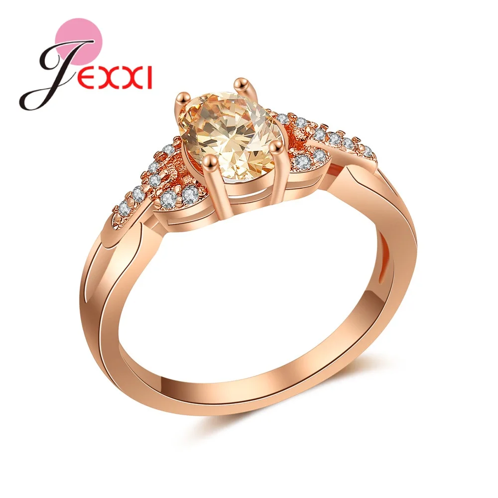 

Newest Concise Classical Champagne CZ Crystal Paved Fashion Rose Gold Color Rings For Women Wedding Party Jewerly