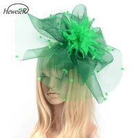 2019 women lady bridal large mesh feather fascinator hat wedding party cocktail hair clip headwear accessories green white blue