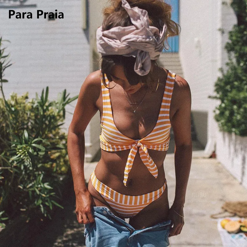 Женский винтажный купальник в полоску с бантиком со средней талией и пуш-ап