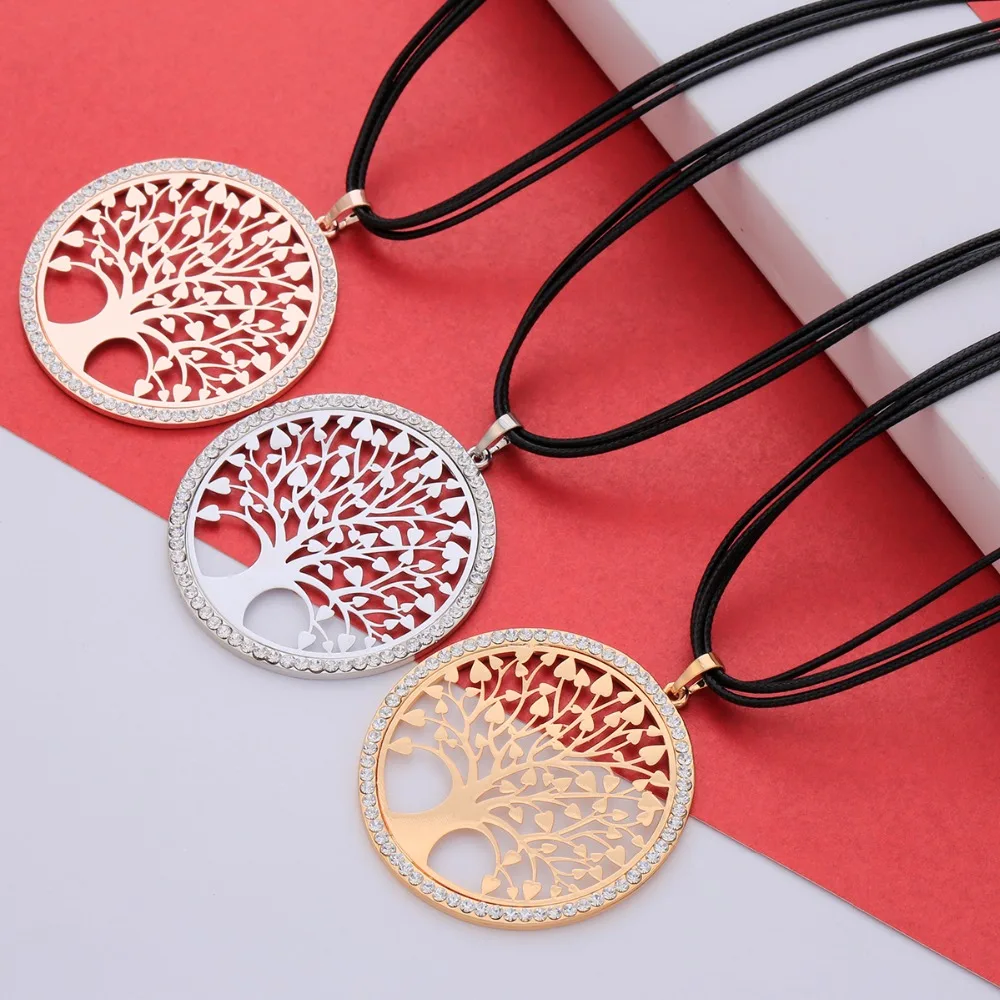 

Big Round Tree Of Life Crystal Pendants Necklace Multilayer Black Leather Rose Gold Color Necklace Jewelry For women Collares