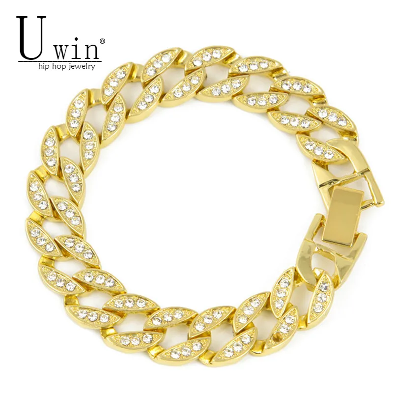 Мужской браслет в стиле хип хоп кубинский золотистого цвета стразы Iced Out Miami с