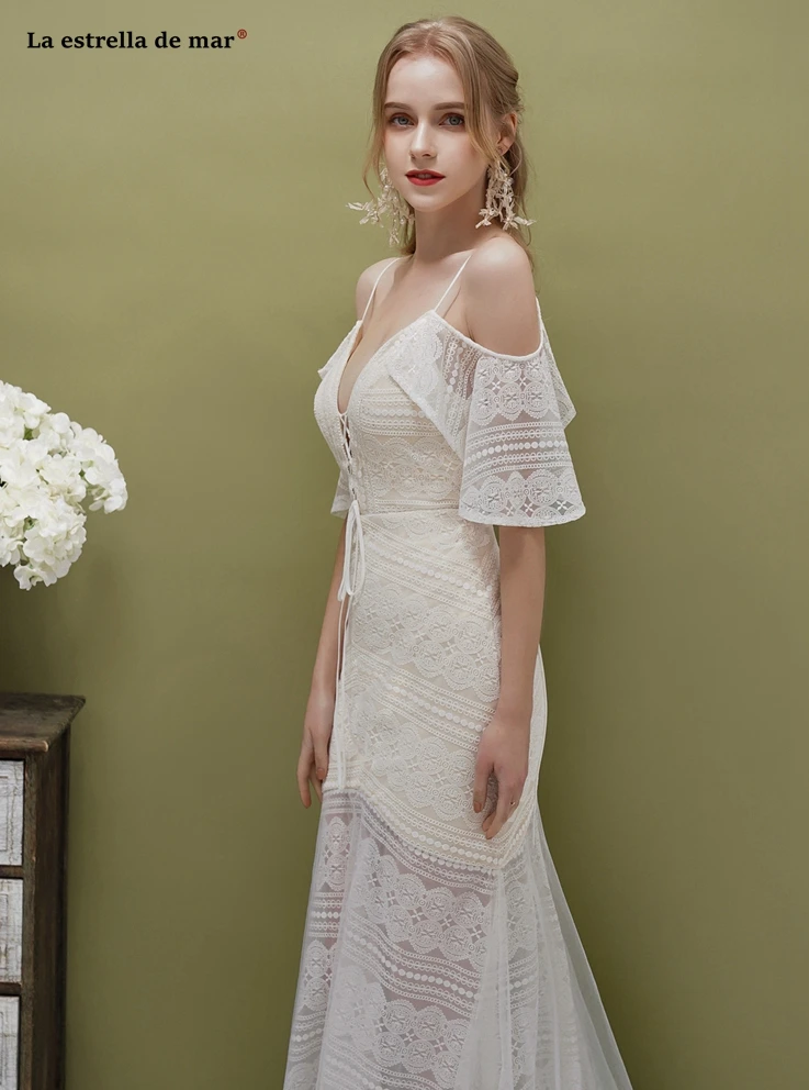 

Vestido de noiva sereia new sexy V neck lace Spaghetti Straps champagne sexy mermaid boho wedding dress trailing hochzeitskleid