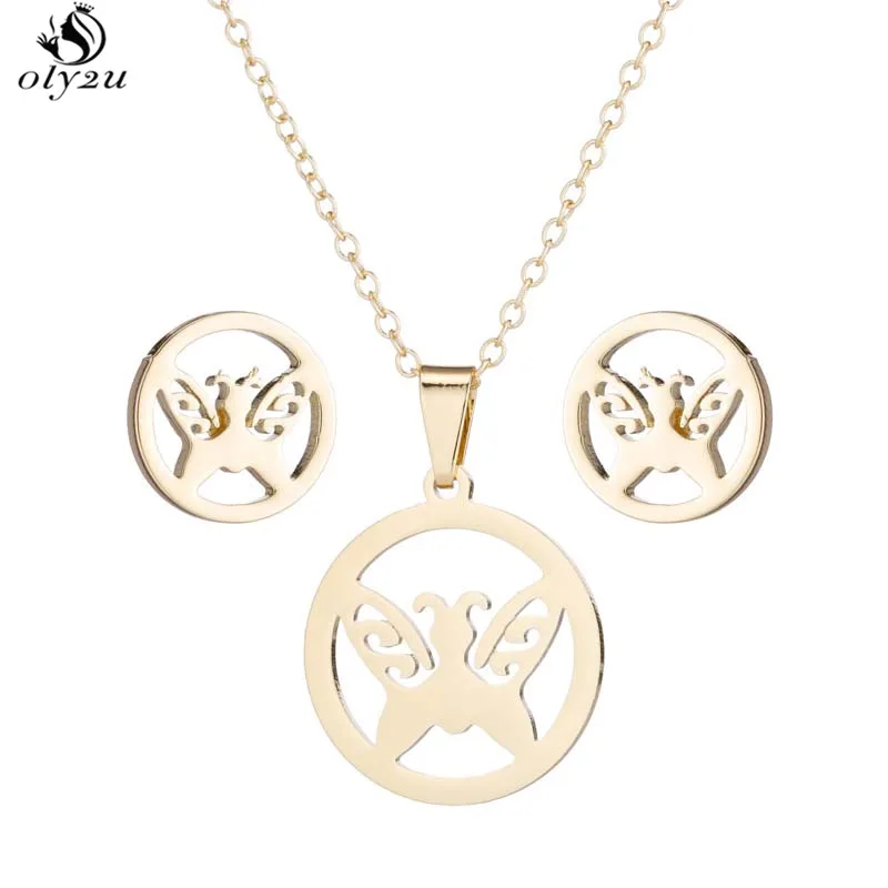 Oly2u нержавеющая сталь колье Бабочка Для женщин Ювелирные наборы Bijoux Серьги в виде