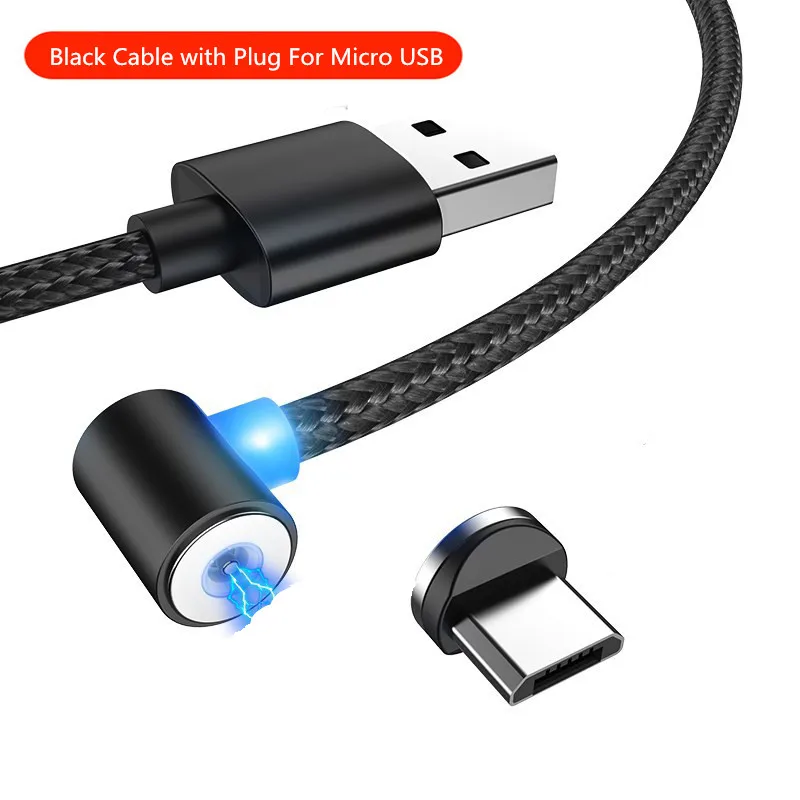 90 градусов Магнитный USB кабель для зарядки huawei usb type C 8 Pin кабель для передачи данных телефон магнит зарядное устройство для samsung Galaxy S10 S9 S8 - Цвет: Black for Android