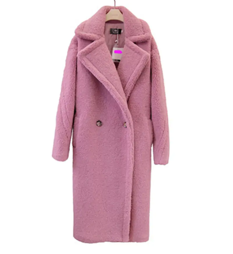pink new Fashion Faux Fur Long Coat Women Lamb Fur Coats Autumn Winter Women's Clothing Warm Parkas Outerwear N844 - Цвет: pink