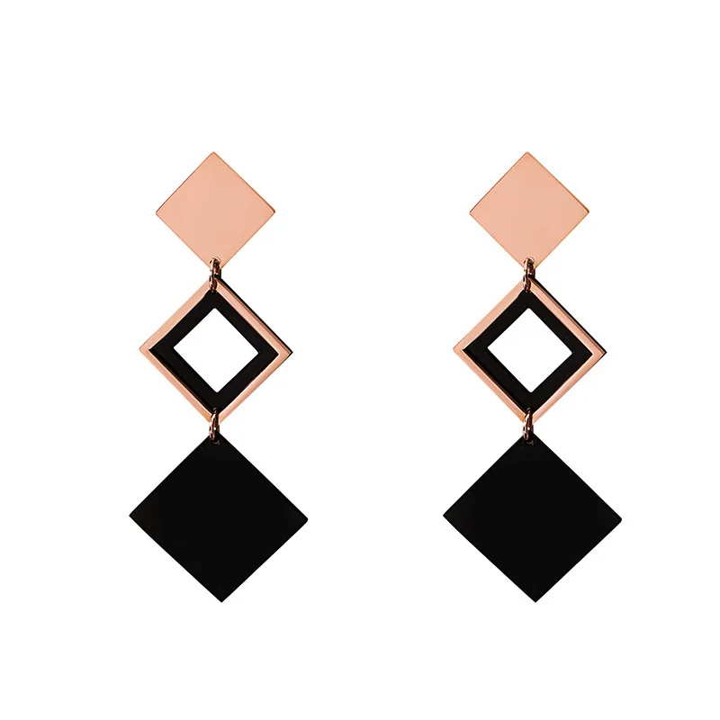 Luxury Stainless Steel Earrings Rose Gold Black Color Jewelry Fashion Female Bricons Wedding Long Big Drop For Women | Украшения и