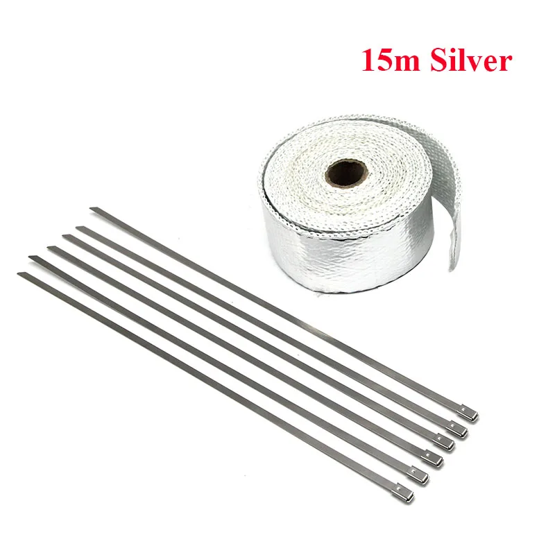 15M Silver ZSDTRP 5 см* 5 м 10 м 15 м черный/титан/серебристый выхлопной тепла обёрточная бумага рулон Мотоцикл стекловолокна тепловой щит лента с нержавеющими стяжками - Цвет: 15M Silver