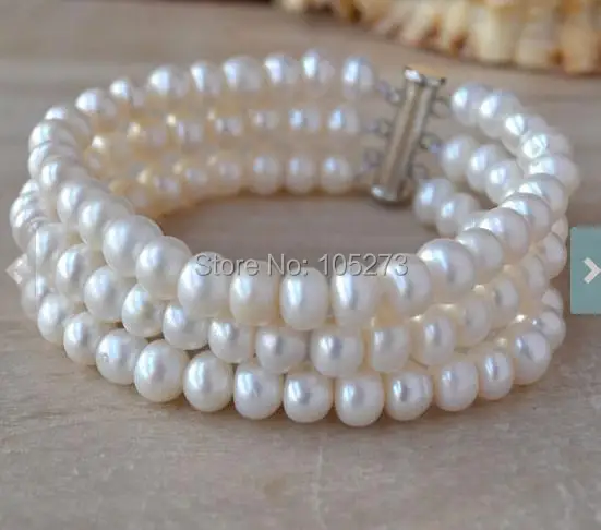 

New Arriver Pearl Bracelet 3 Rows 7 Inches White Color Genuine Freshwater Pearl Bracelet AA 7-8MM Pearl Jewelry Free Shipping