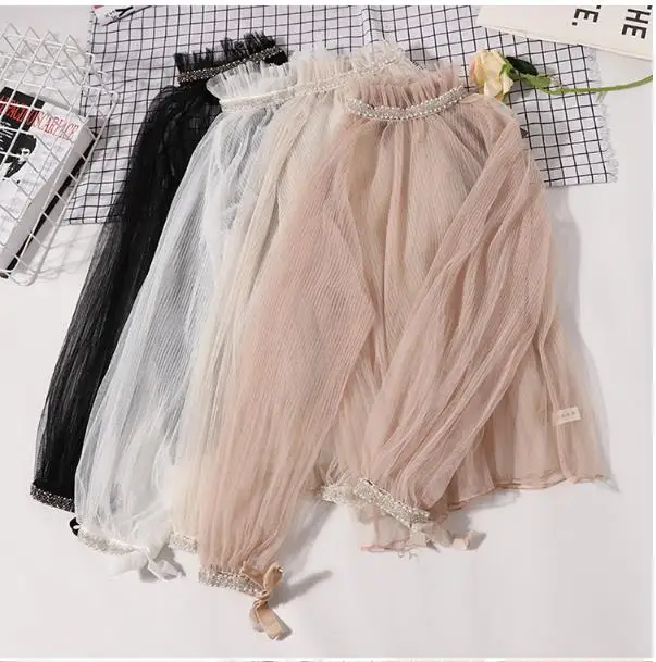 spring new turtleneck beading women blouse and shirts see-through gauze sexy lace ruffles lady elegant bottoming shirts