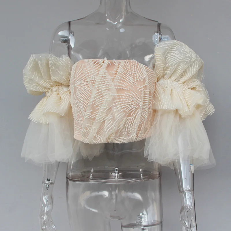 Женский сетчатый топ с открытыми плечами и вышивкой|Футболки| |