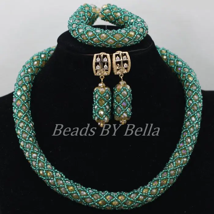 

Teal Green Braid African Beads Jewelry Set Nigerian Wedding Bridal Jewelry Sets Gold Crystal Beads Necklace Free Shipping ABF802