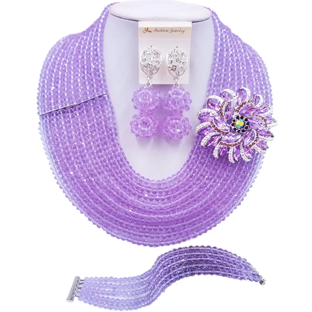 

ACZUV Lilac Crystal Beads African Necklace Nigerian Wedding Party Jewelry Sets 10C-DS013