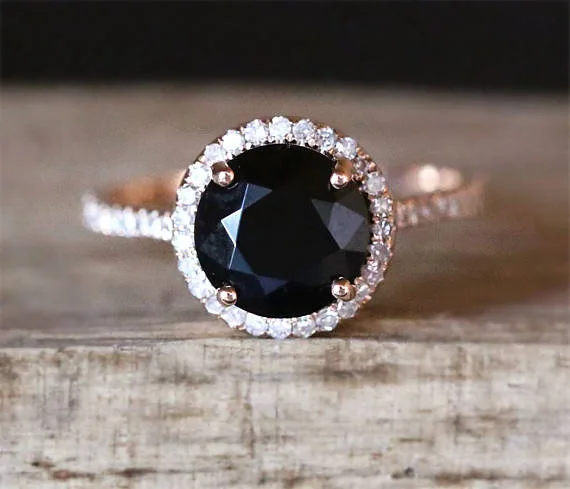 

New inlaid natural black stone female finger rings wholesale rose gold women wedding band engagement promise ring