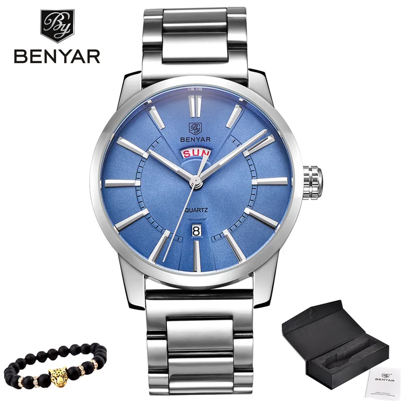 5101-Steel white BENYAR кварцевые мужские часы модные деловые/Водонепроницаемые/спортивные часы мужские кожаные Наручные часы с двойным календарем Relogio Masculino - Цвет: 5101-Steel white