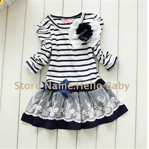 2014 зимнее платье для девочек с длинными рукавами детские платья в темно-синюю