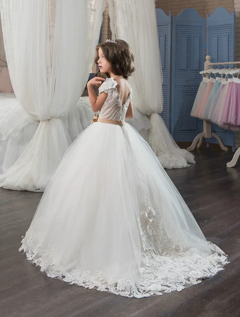 Платье цвета слоновой кости с белым цветком для девочек бальное платье со