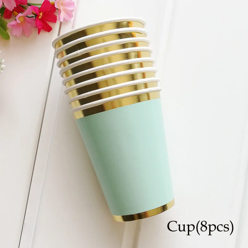 Cup 8pcs 8 шт./компл. сусального золота розовые одноразовые столовые приборы на Рождество, праздничное платье на свадьбу, бумажные тарелки для дней рождения, чашки для вечеринок по случаю Дня рождения пластиковых соломинок - Цвет: Cup 8pcs