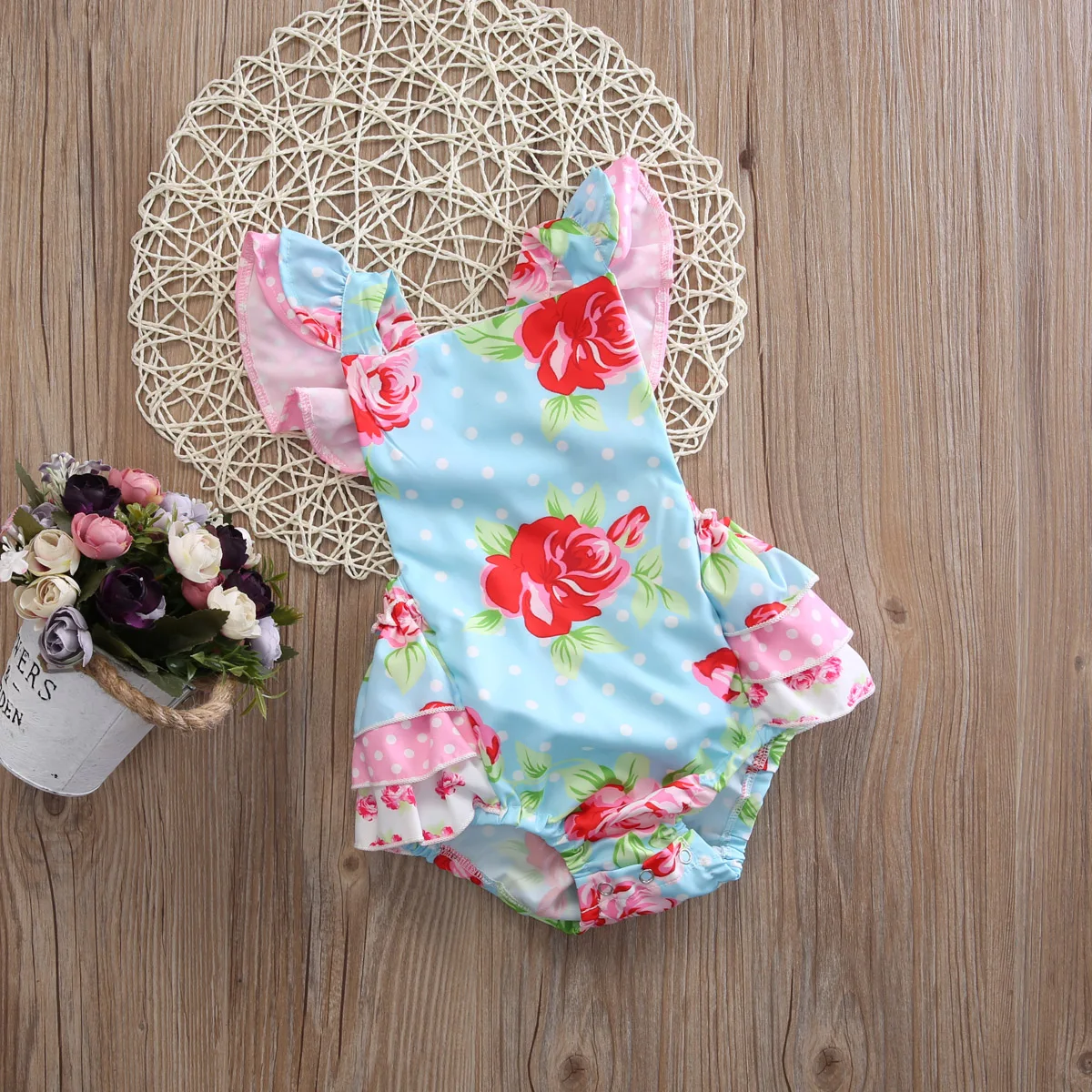 Лето 2017 комбинезон с цветочным принтом для новорожденных и маленьких девочек