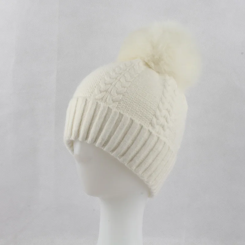 Женские шерстяные шапки Skullies шапочки 15 см с помпоном из лисьего меха женские